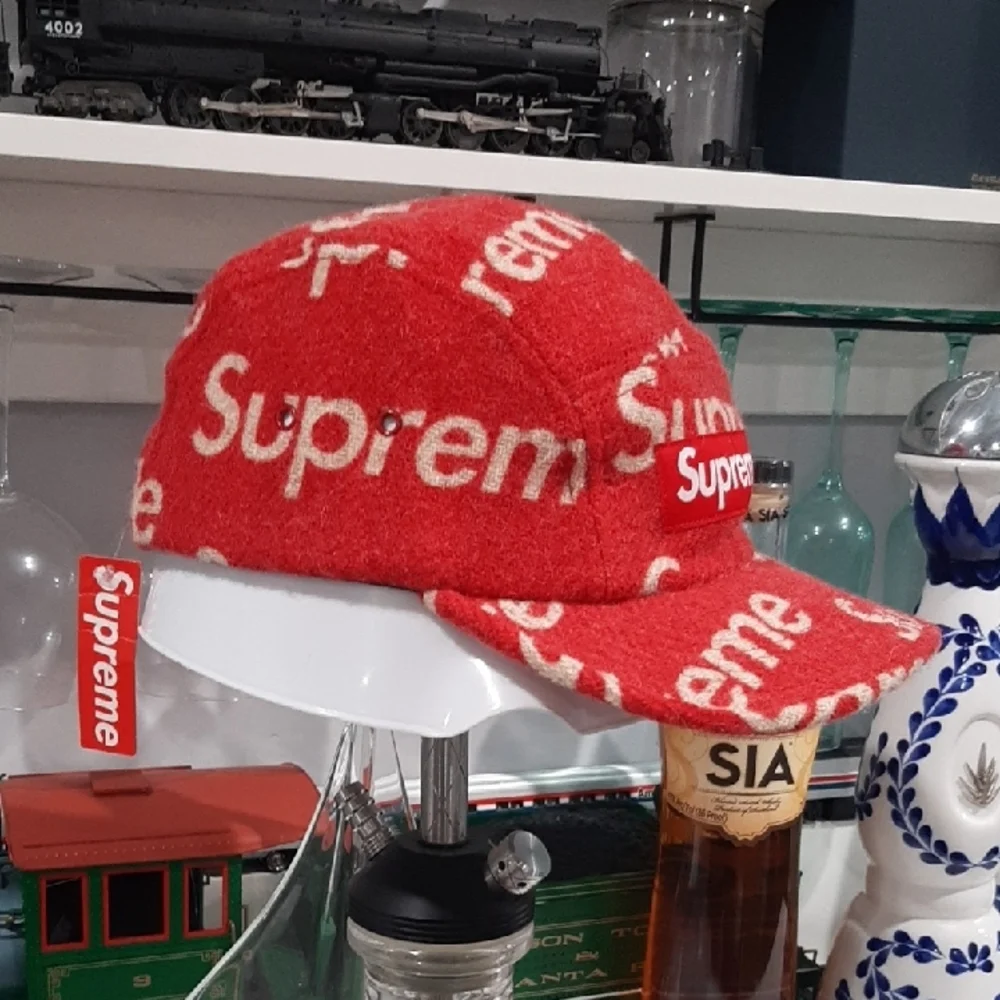 Supreme Red Wool Logo Camp Cap with White All-Over Branding